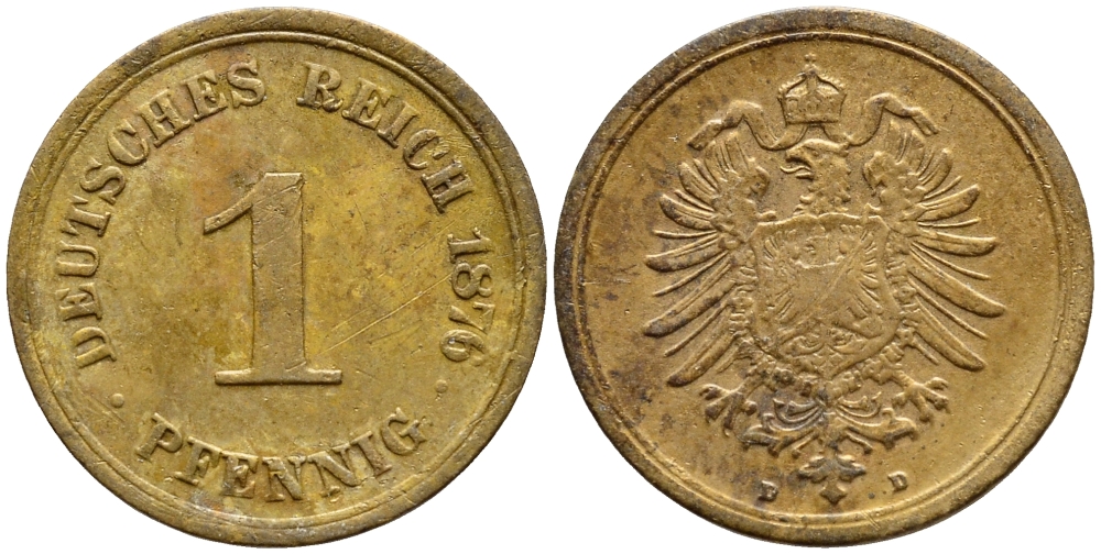 ГЕРМАНИЯ 1 ПФЕННИГ 1876 D, СТАРОГЕРБОВКА KM 1, J. 1 медь 4396-251