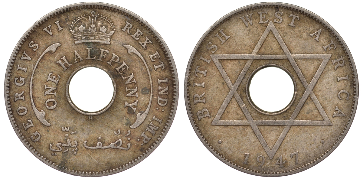 Британская Западная Африка 1/2 пенни 1947 H, Георг VI KM 18 медно-никель 25-2252