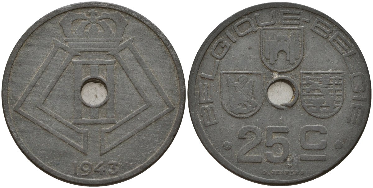 Бельгия 25 сантимов 1943 Belgique - Belgie, Леопольд III (1934-1947), германская оккупация, Вторая мировая война KM 131 цинк 4157-444