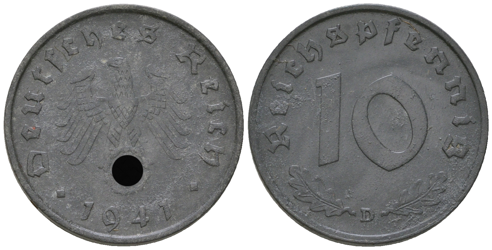 Германия 10 рейхспфеннигов 1941 D J. 371, KM 101 цинк  3459-555
