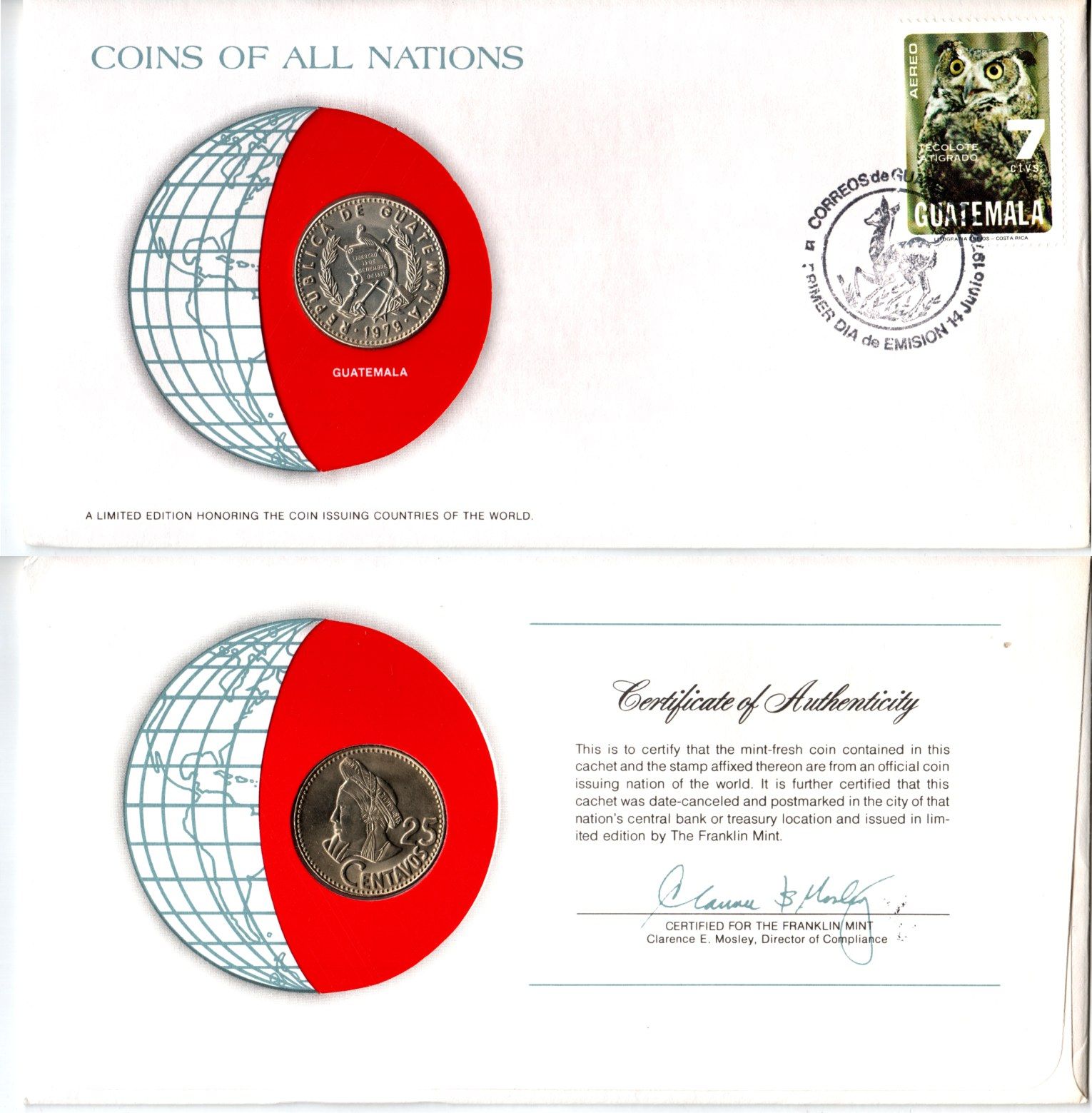 Гватемала 25 сентаво 1979 конверт с маркой первого дня гашения, Coins of Nations KM 278 медно-никель UNC 4295-9-2
