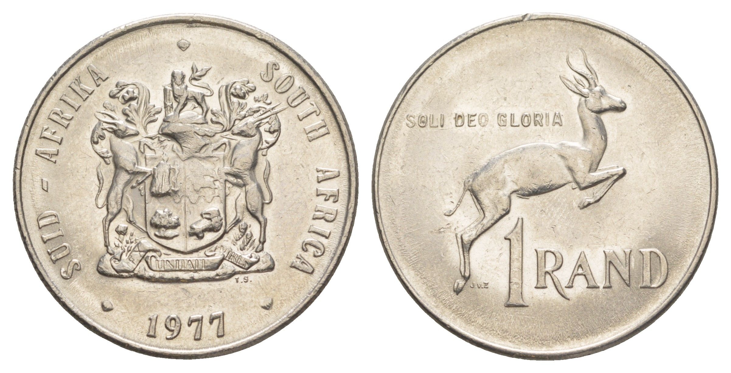 ЮАР 1 ранд 1977 антилопа спрингбок, герб KM 88a никель UNC 4645-921