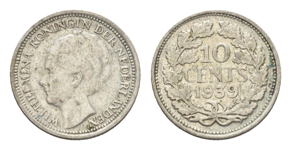 Нидерланды 10 центов 1939 Вильгельмина I (1890-1948) KM 163 серебро 4659-1163