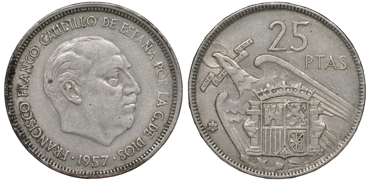 ИСПАНИЯ 25 ПЕСЕТ 1957 (66) ФРАНСИСКО ФРАНКО ДИКТАТОР ИСПАНИИ (1939-1975) KM 787 медно-никель 45-1044
