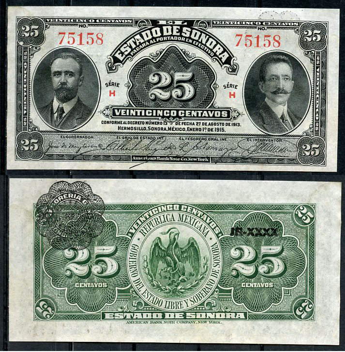 Мексика, Estado de Sonora, Hermosillo 25 сентаво 1915 Франсиско Игнасио Мадеро, Хосе Мария Пино Суарес Pick S 1069  бумага  UNC (пресс) 451-692-1