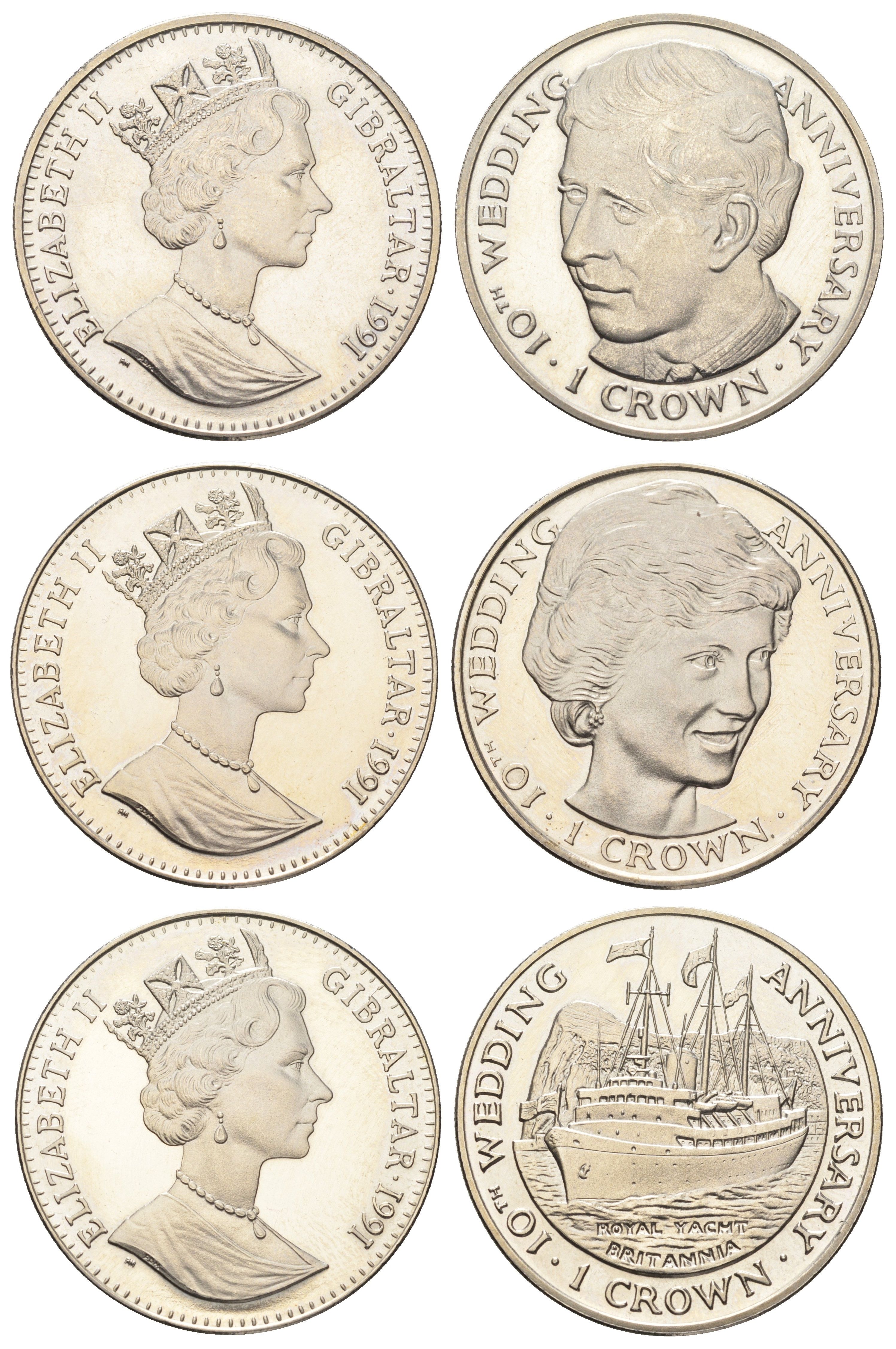 Гибралтар полный набор из 3 монет (1 крона) 1991 10 лет свадьбе Принца Чарльза и Леди Дианы KM 84, 85 и 86 медно-никель BU 1524-1541-1543