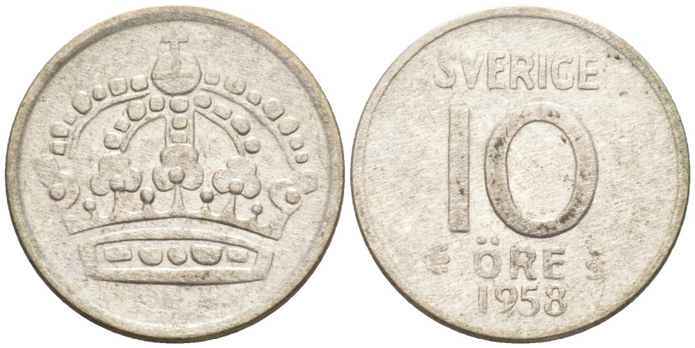 Швеция 10 эре 1958 TS, Густав VI Адольф (1950-1973) KM 823 серебро 192-149