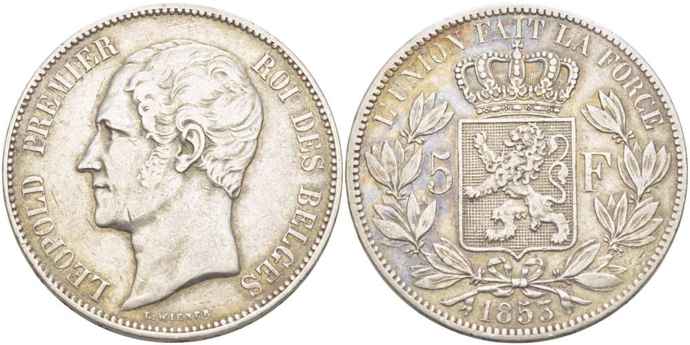 Бельгия 5 франков 1853 Леопольд I (1831-1865) KM 17 серебро 4184-535
