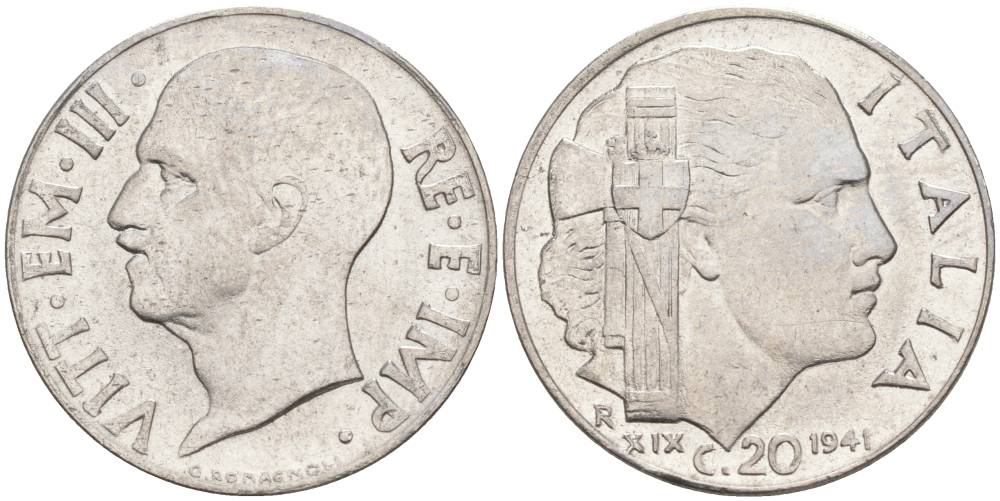 ИТАЛИЯ 20 ЧЕНТЕЗИМО 1941 R, ГОД XIX, ВИКТОР ЭММАНУИЛ III (1900-1946) KM 75b, VEM3. 1028 нержавеющая сталь 3853-733
