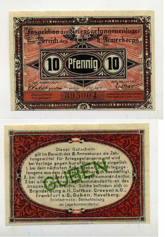 Германия 10 пфеннигов 1917 инспекция лагерей военнопленных в Губене, III-ий Армейский корпус C-3055 бумага UNC (ПРЕСС) 504-74-3-1