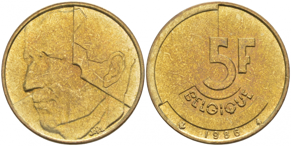 БЕЛЬГИЯ 5 ФРАНКОВ 1986 BELGIQUE KM 163 латунь или алюминевая бронза 68-523