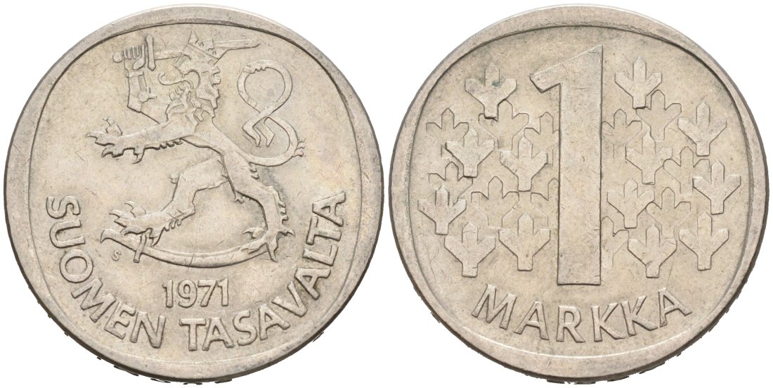 Финляндия 1 марка 1971 S KM 49а медно-никель 4571-434