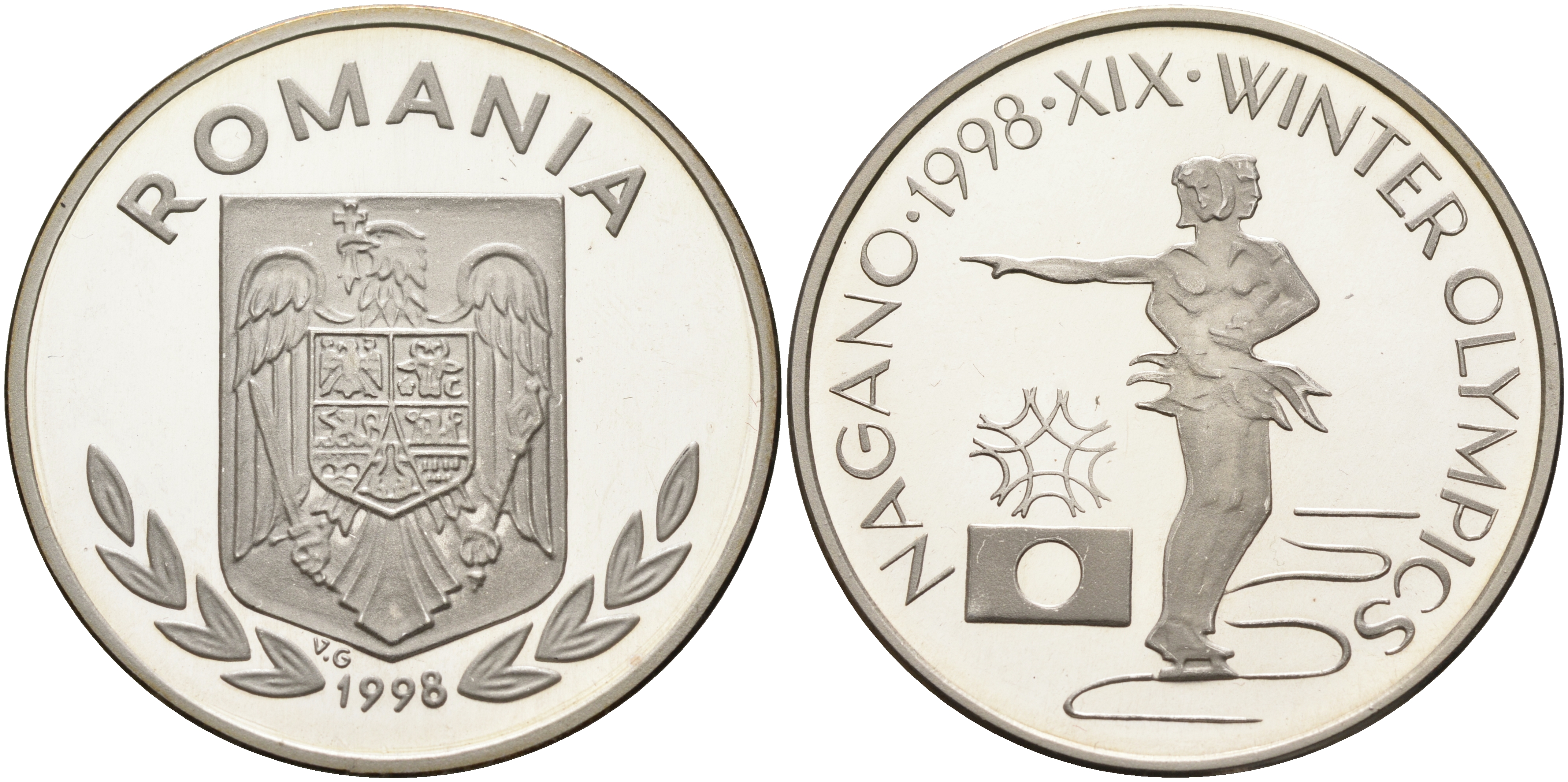 Румыния 100 леев 1998 XVIII зимние Олимпийские игры в Нагано 1998 года, фигурное катание, PIEFORT, пробный выпуск, 53,12 гр KM PnE 353 D1 серебро PROOF 11-116-45