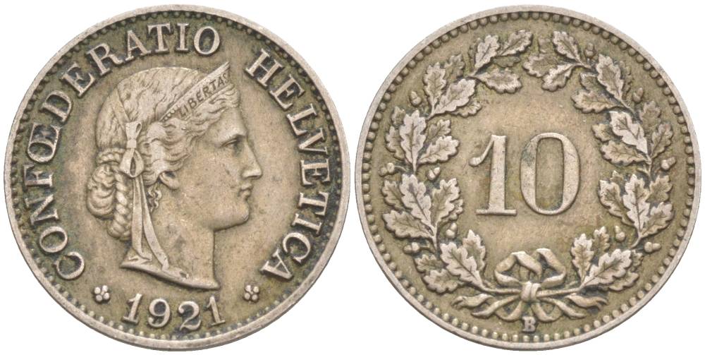ШВЕЙЦАРИЯ 10 РАППЕНОВ 1921 В KM 27 медно-никель 66-656