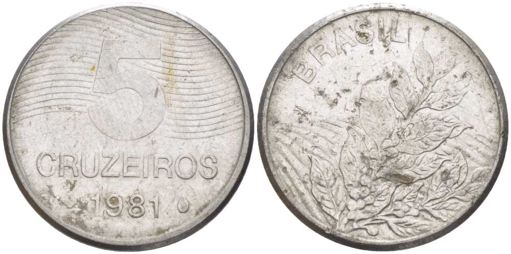 БРАЗИЛИЯ 5 КРУЗЕЙРО 1981 РЕФОРМА 1967-1985, КОФЕ KM 591 нержавеющая сталь 4385-533