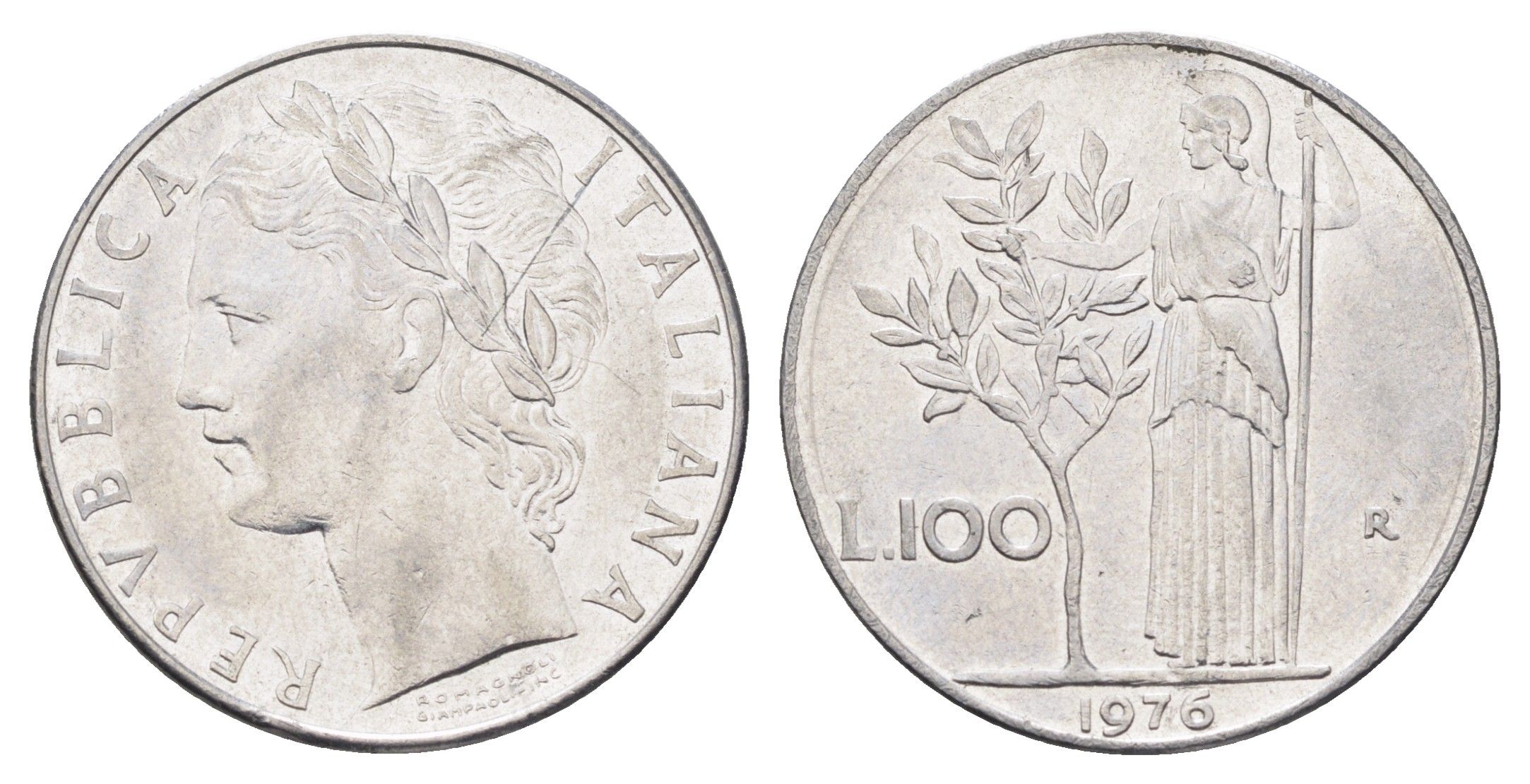Италия 100 лир 1976 R, Афина в доспехах KM 96.1 нержавеющая сталь 4704-733