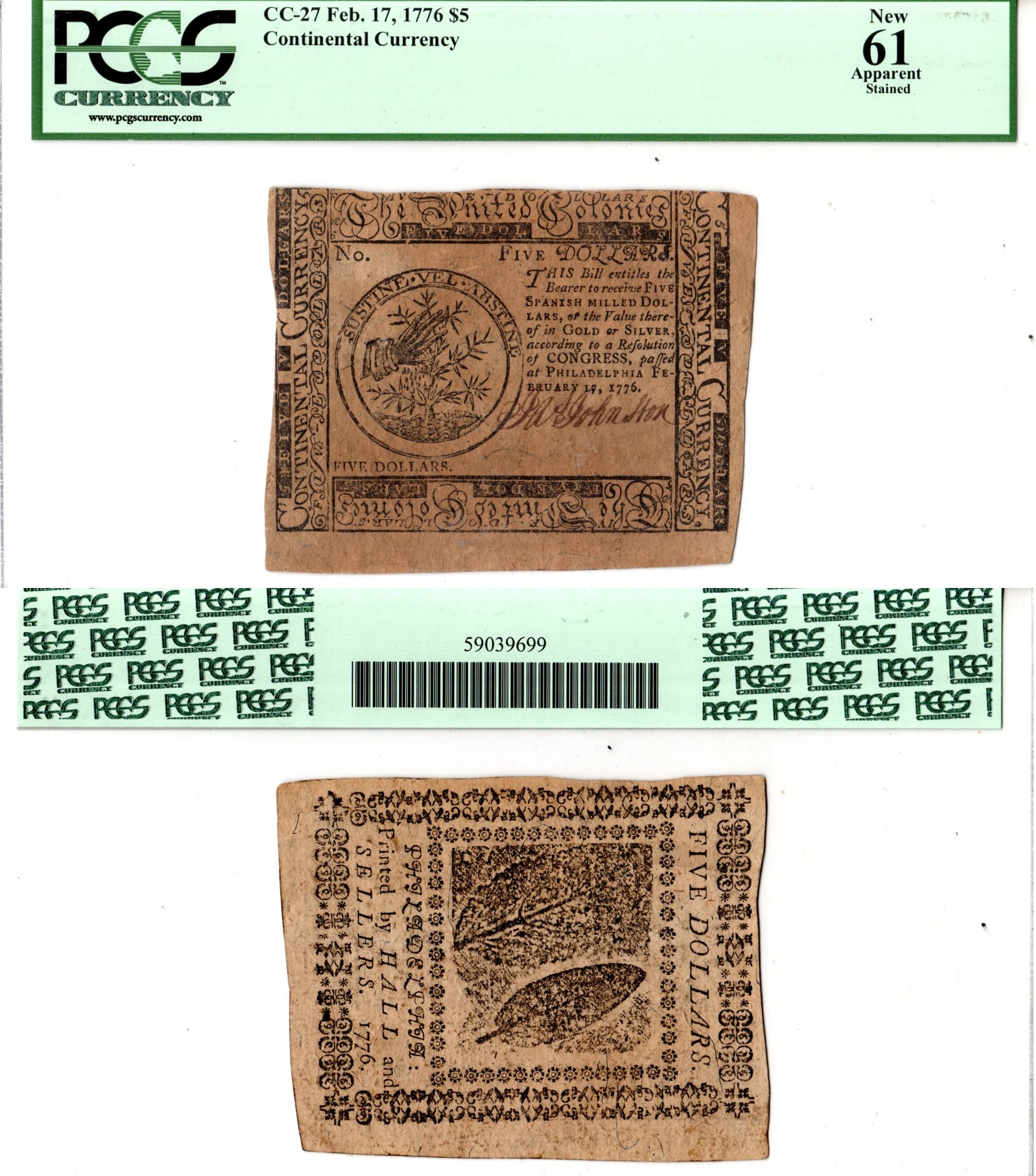 США, Континентальный доллар (Continental Currency) 5 долларов 1776 17 февраля 1776 г. Без номера. Friedberg № СС-27. В холдере компании PCGS Currency. Сохранность - «61 Apparent». Ручной сбор колючих растений Friedberg № СС-27. Pick S127  бумага 10-2-40