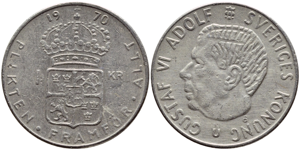 Швеция 1 крона 1970 Густав VI Адольф (1950-1973) KM 826a медь плакированная медно-никелем 4388-922