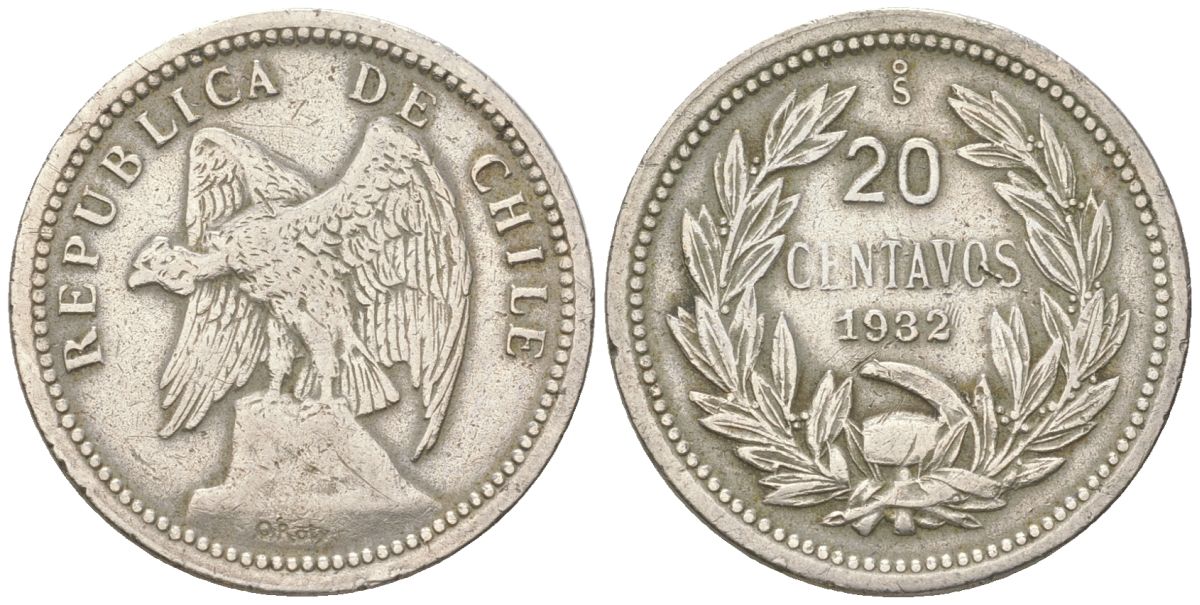 Чили 20 сентаво 1932 KM 167 медно-никель 4513-1044