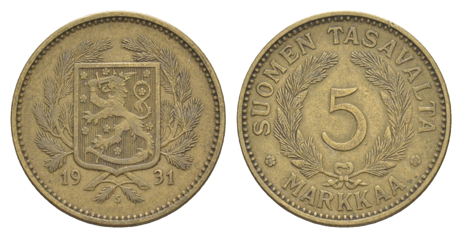 Финляндия 5 марок 1931 S KM 31 алюминиевая бронза 4648-621