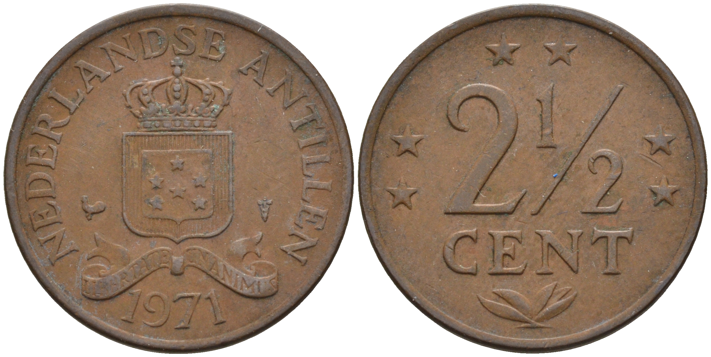 Нидерландские Антилы 2 1/2 цента 1971 Юлиана (1948-1980) KM 9 бронза 4595-414