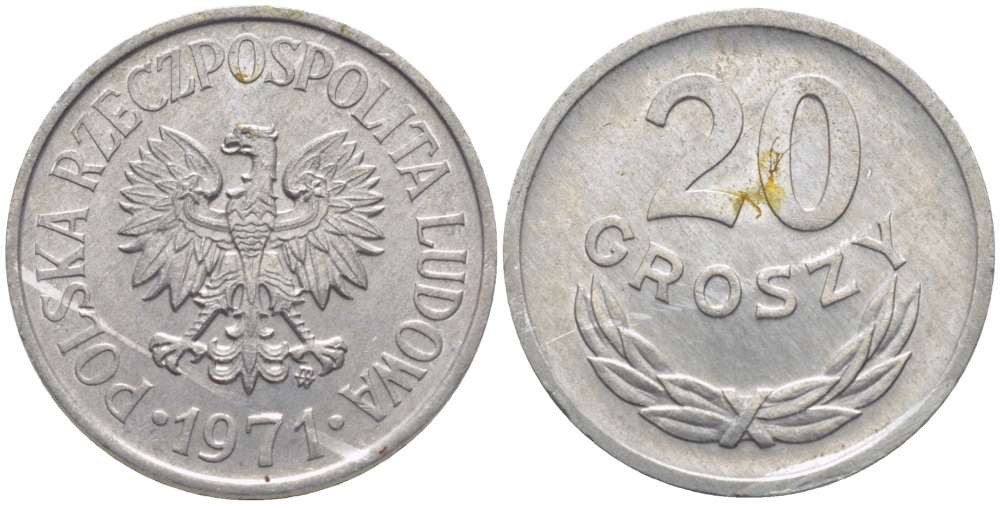 ПОЛЬША 20 ГРОШЕЙ 1971 MW KM А47 алюминий UNC 4448-433
