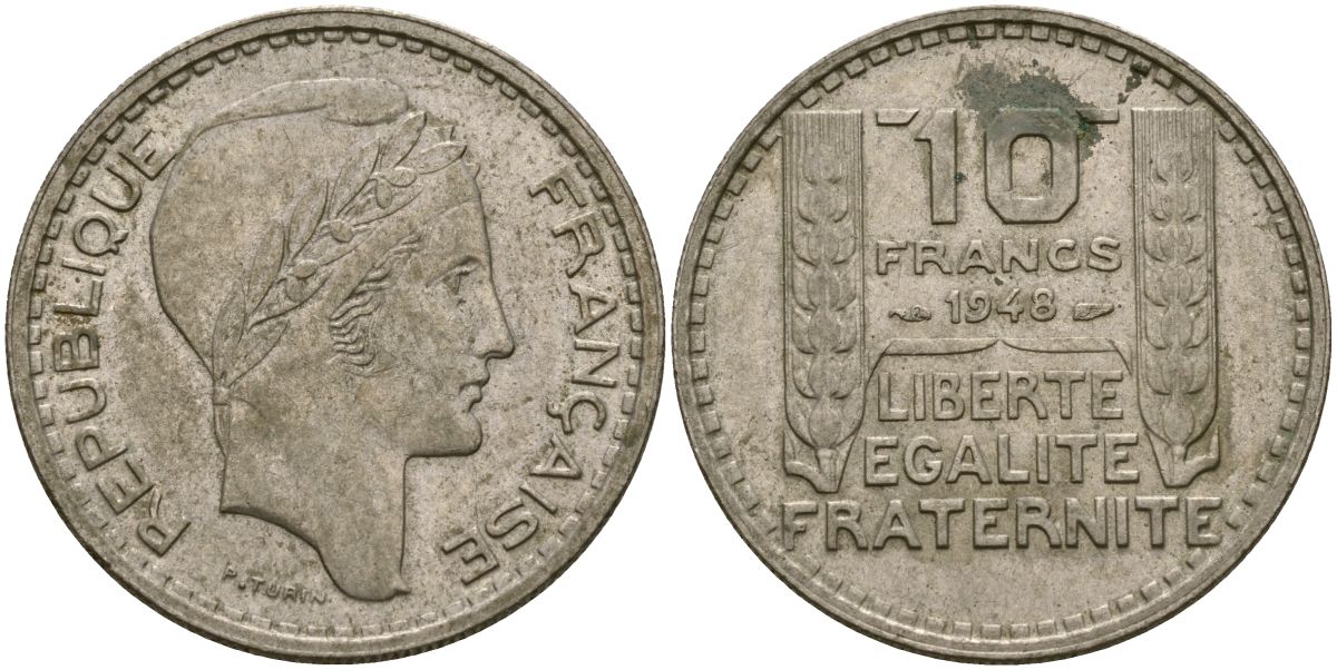 Франция 10 франков 1948 тип Пьер Турин KM 909.1, Le Franc 362.3 медно-никель 4120-1225