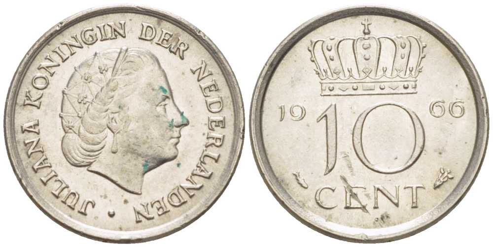 НИДЕРЛАНДЫ 10 ЦЕНТОВ 1966 ЮЛИАНА (1948-1980) KM 182 никель 214-1223