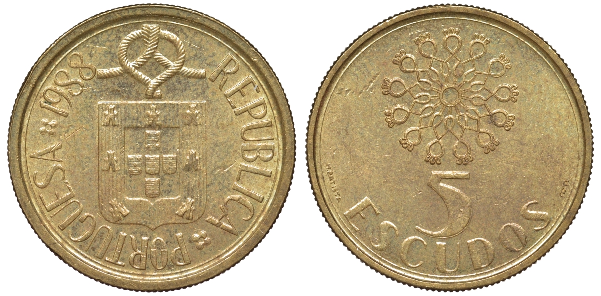 Португалия 5 эскудо 1988 KM 632 никель латунь 4142-1131