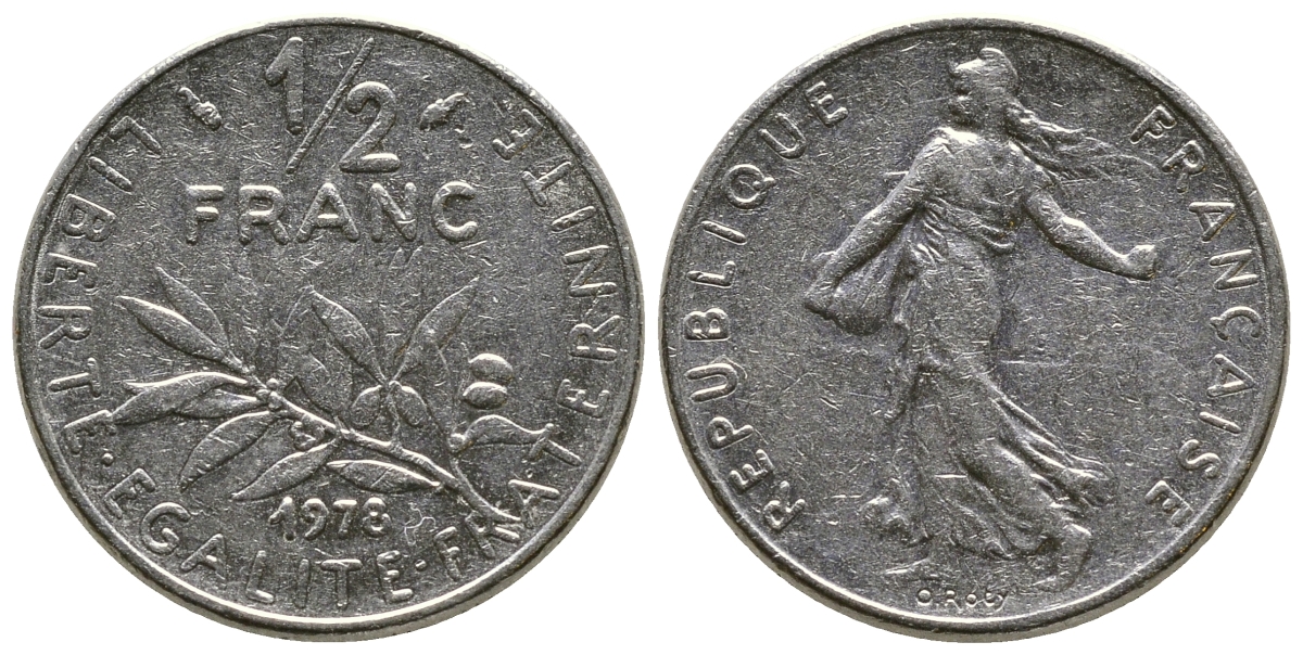 ФРАНЦИЯ 1/2 ФРАНКА 1978 СЕЯТЕЛЬ KM 931.1, LE FRANC 198.17 никель 93-1414