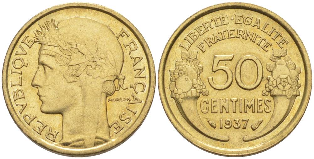 ФРАНЦИЯ 50 САНТИМОВ 1937 ТИП MORLON KM 894.1, LE FRANC 192.13 алюминиевая бронза 44-743