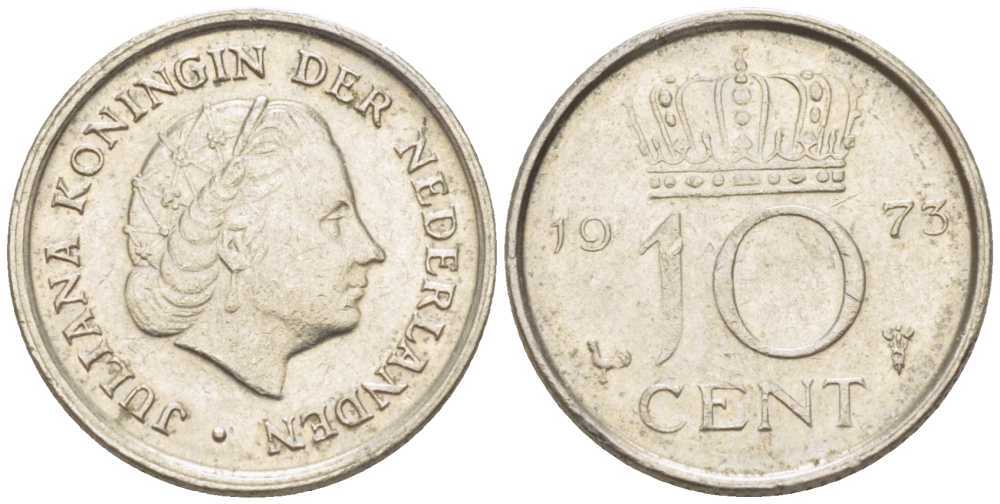 НИДЕРЛАНДЫ 10 ЦЕНТОВ 1973 ЮЛИАНА (1948-1980) KM 182 никель 214-1263