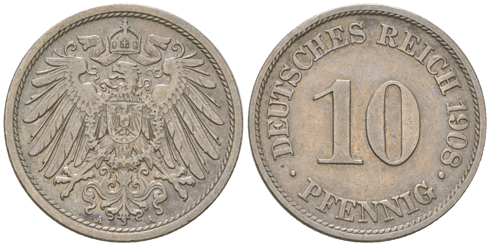 Германия 10 пфеннигов 1908 A KM 12, Jager 13, Weege 8 медно-никель 4589-346