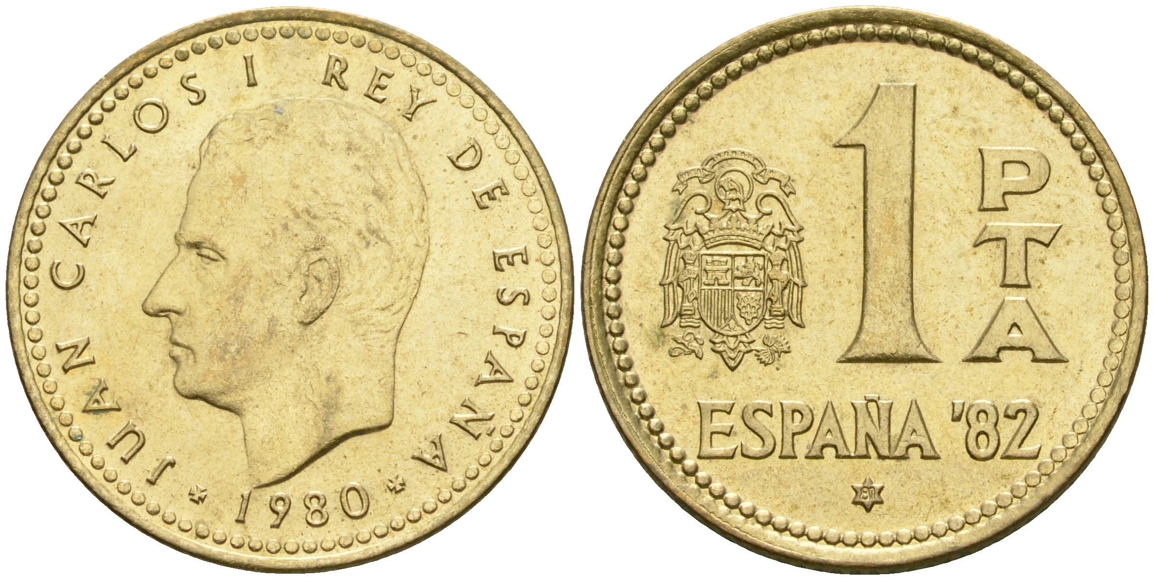 Испания 1 песета 1980 (80) чемпионат мира по футболу в Испании 1982 года, Хуан Карлос I (1975-) KM 816 алюминиевая бронза 4364-3624