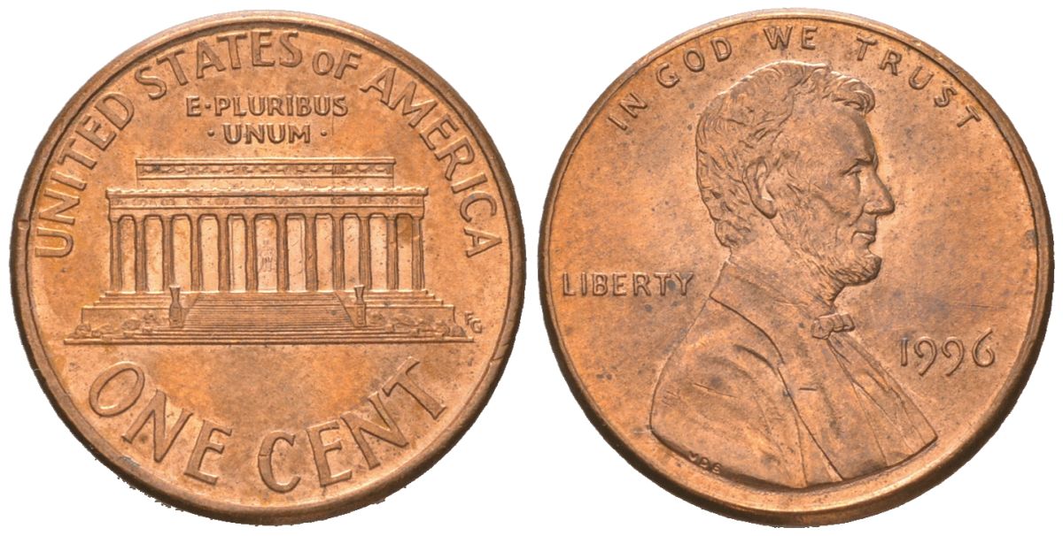 США 1 цент 1996 Авраам Линкольн KM 201b цинк плакированный медью UNC 192-1023