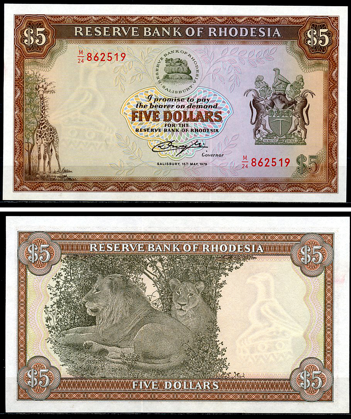 Родезия 5 долларов 1979 жираф, лев Pick 40  бумага  UNC (пресс) 451-998-1