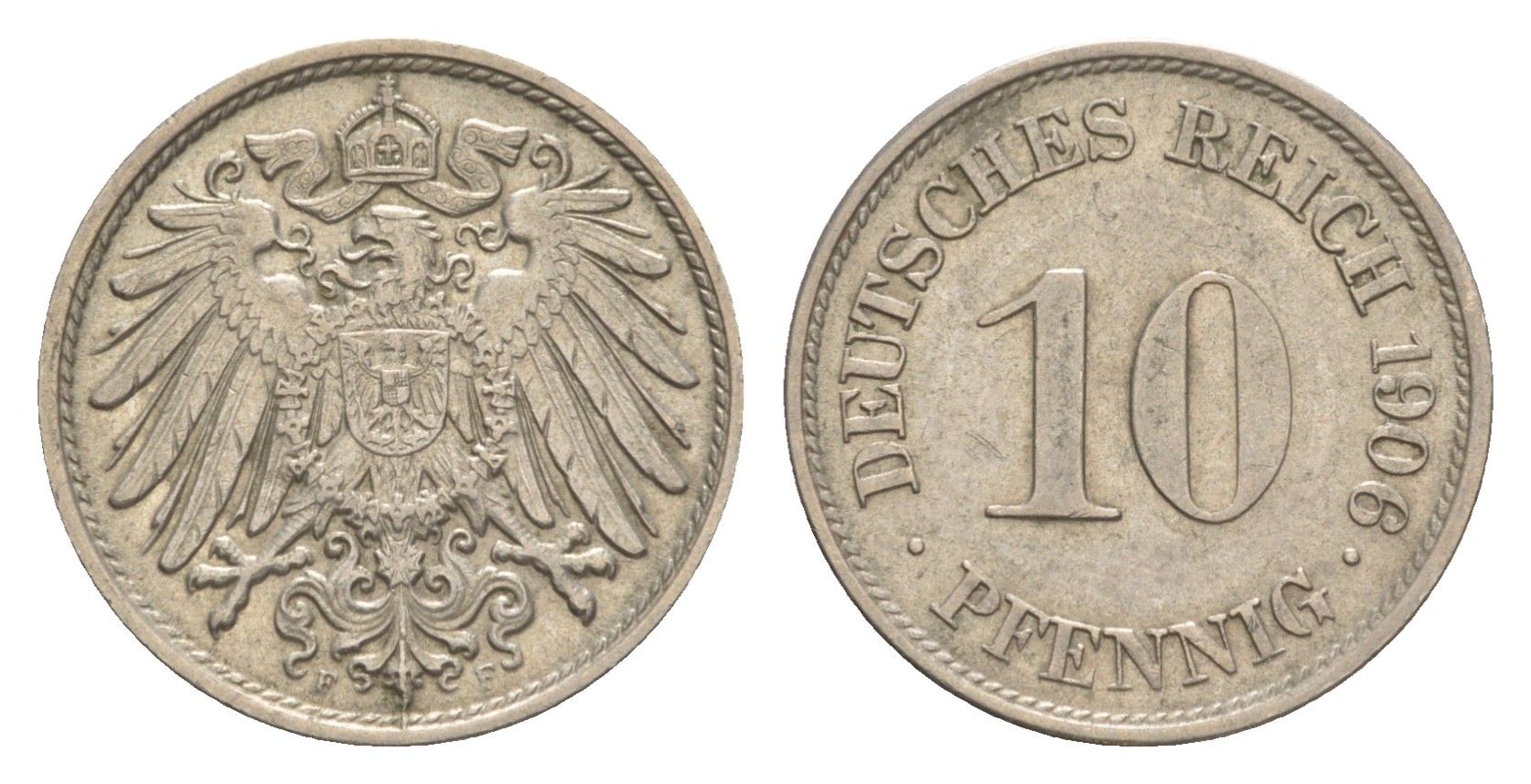 Германия 10 пфеннигов 1906 F, Вильгельм II (1888-1918) KM 12, J. 13 медно-никель 4640-265