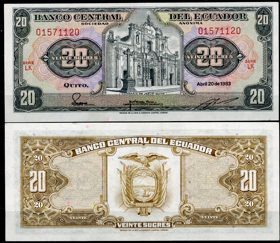 Эквадор 20 сукре 1983 Церковь Общества Иисуса, серия LK Pick 115 b (1983 (5))  бумага  UNC (пресс) 447-130-3
