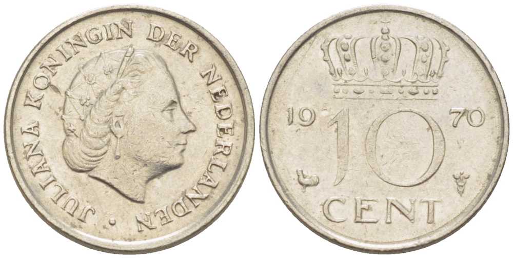 Нидерланды 10 центов 1970 Юлиана (1948-1980) KM 182 никель 214-1245