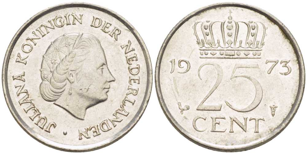 НИДЕРЛАНДЫ 25 ЦЕНТОВ 1973 ЮЛИАНА (1948-1980) KM 183 никель 214-966
