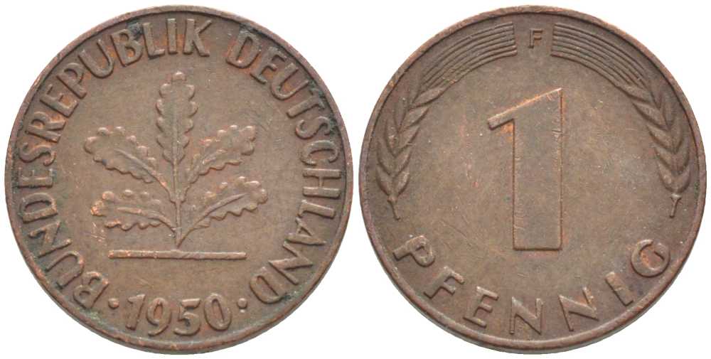 ФРГ 1 ПФЕННИГ 1950 F KM 105, J. 380 сталь плакированная медью 116-356