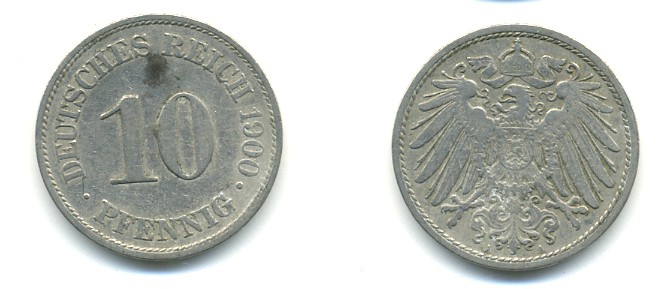 Германия 10 пфеннигов 1900 A KM 12, J. 13 медно-никель 4379-831