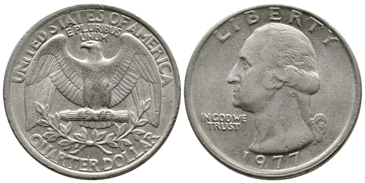 США 25 центов (квотер) 1977 Вашингтон KM A164a медь плакированная медно-никелем 57-911
