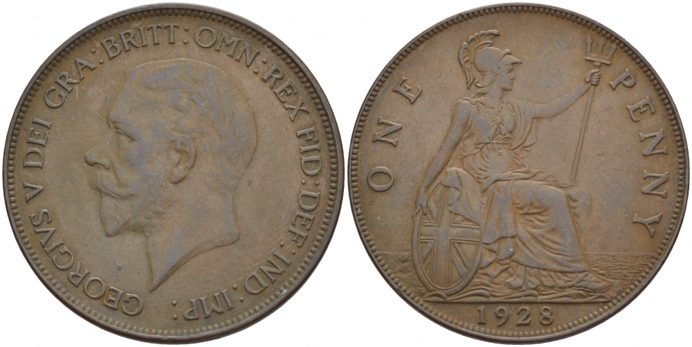 Великобритания 1 пенни 1928 Георг V (1910-1936) КМ 826, Spink 4054 бронза 3996-341