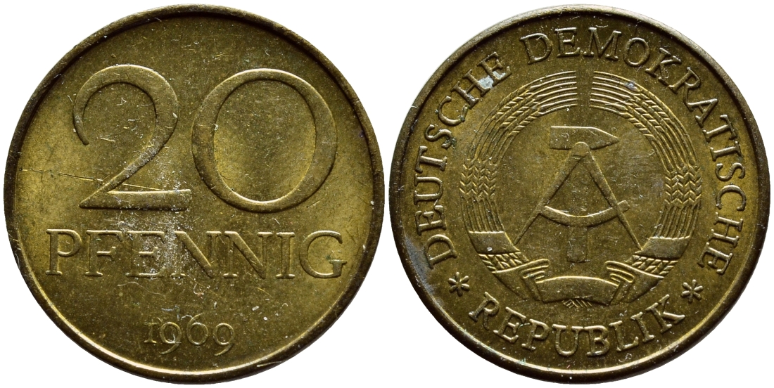 ГДР 20 пфеннигов 1969 А, первый год KM 11 латунь UNC 4397-347