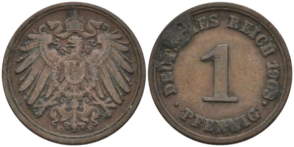 Германия 1 пфенниг 1908 E KM 10, J. 10 медь 4567-1267