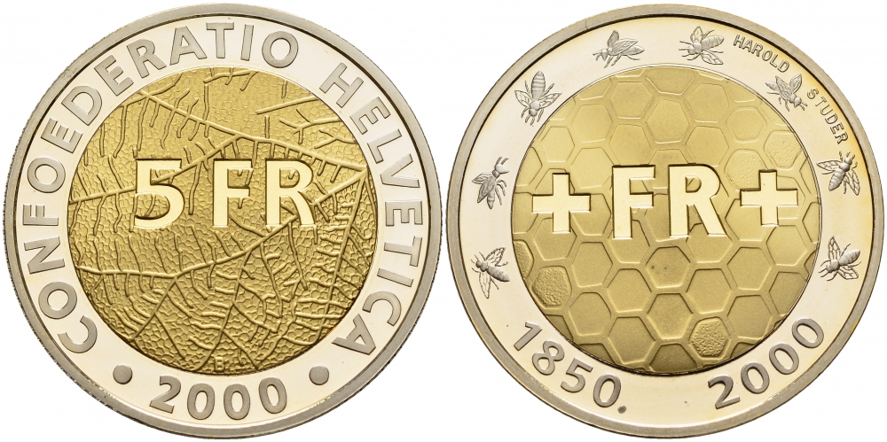 Швецария 5 франков 2000 150 лет Швейцарской национальной монетной системе KM 91 биметалл PROOF 1087-3-52