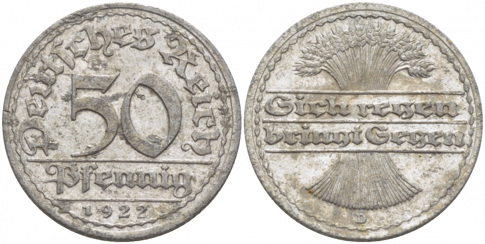 ГЕРМАНИЯ 50 ПФЕННИГОВ 1922 D KM 27, J. 301, Weege 10 алюминий 110-255