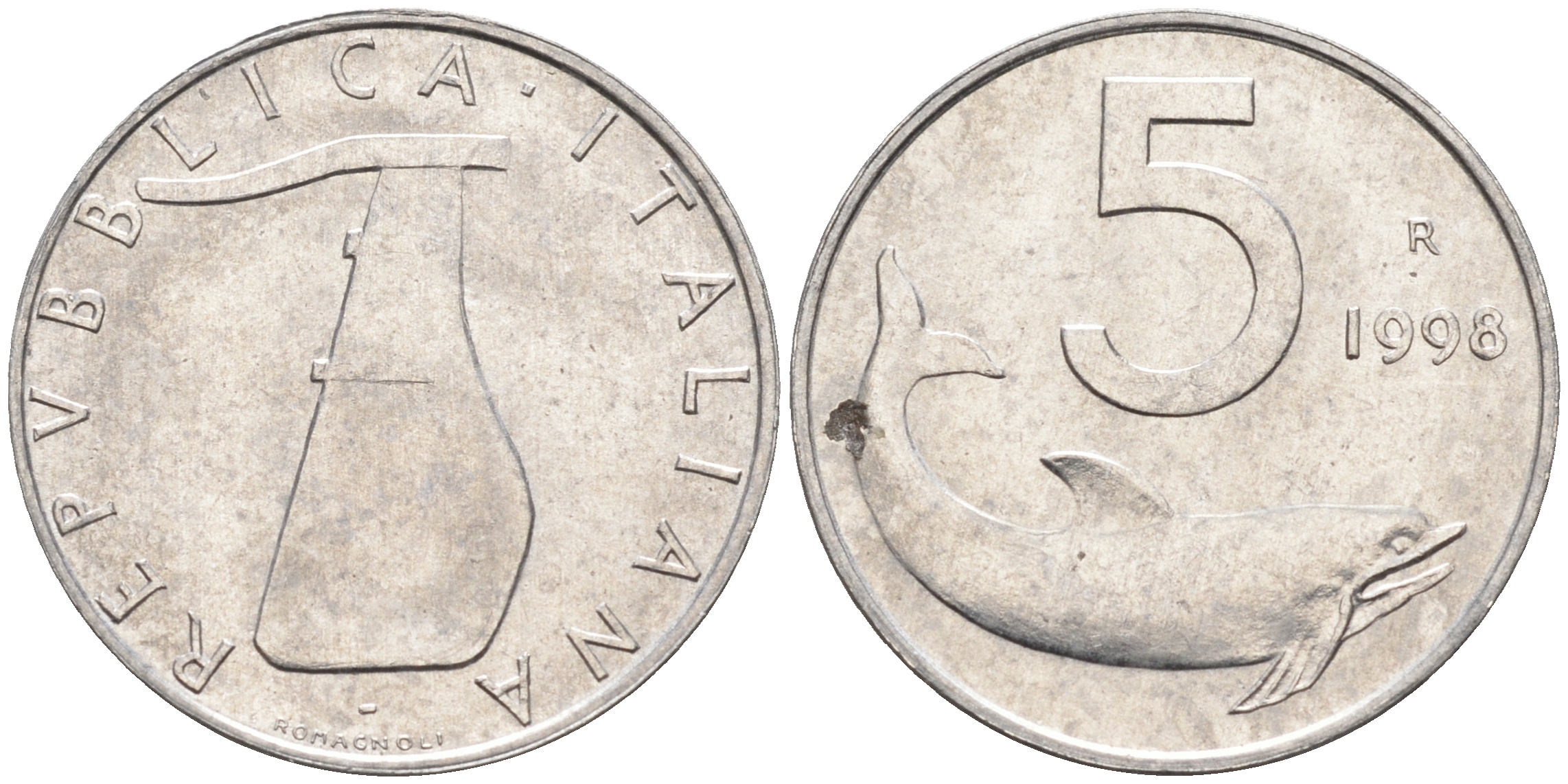 Италия 5 лир 1998 R, дельфин KM 92 алюминий  UNC  4594-824