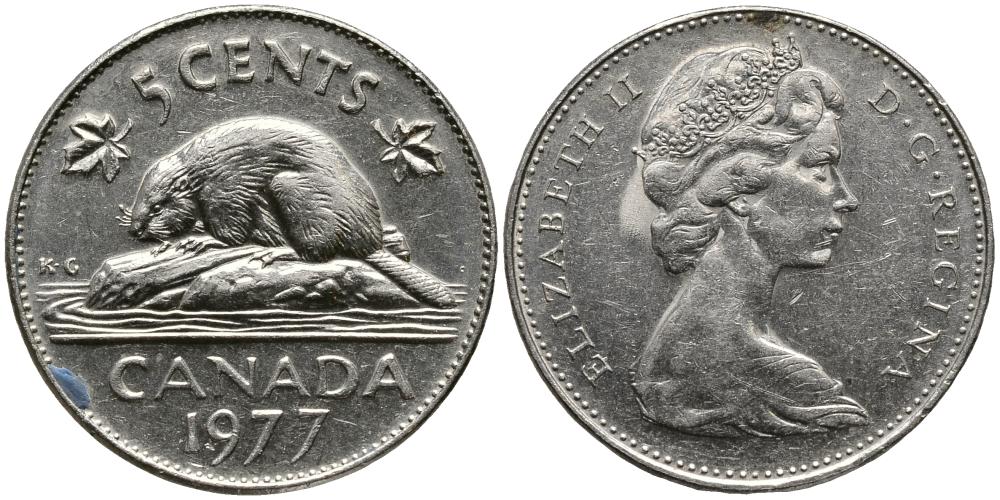 Канада 5 центов 1977 Елизавета II (1952-2022), бобр KM 60.1 никель 3336-237